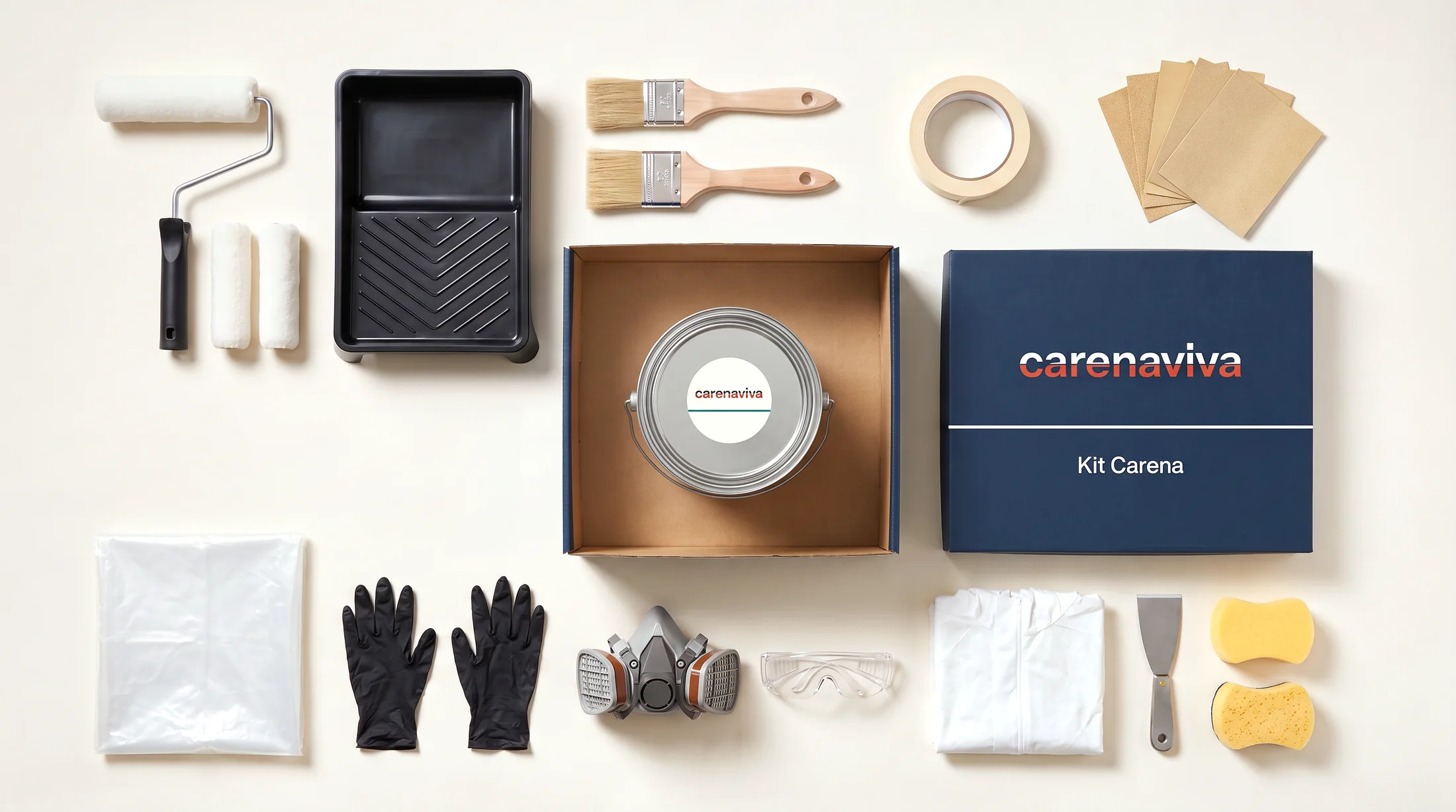 Il Kit Carena aperto: antivegetativa, rulli, vaschetta, pennelli, nastro, carta abrasiva, guanti, semimaschera, occhiali, tuta e telo