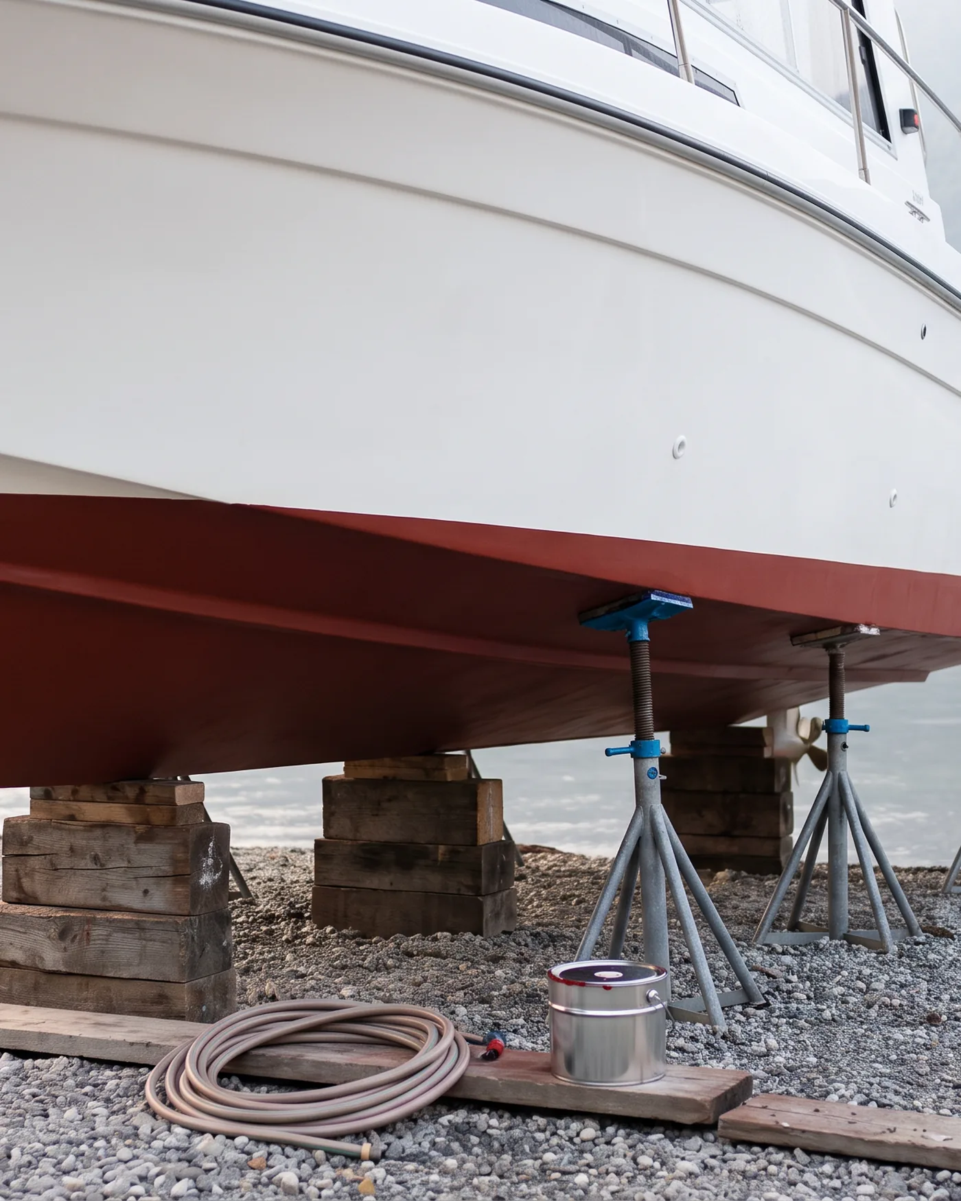 Una carena appena rifatta in rosso carena, in un piccolo cantiere sul lago