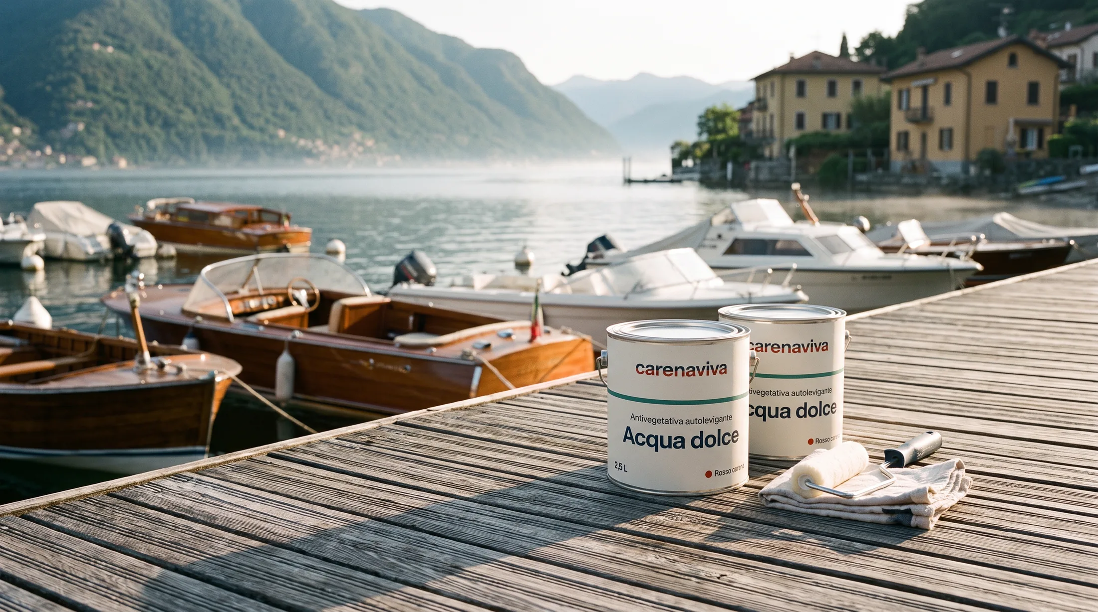 Due latte di antivegetativa carenaviva per acqua dolce su un pontile del Lago di Como al mattino