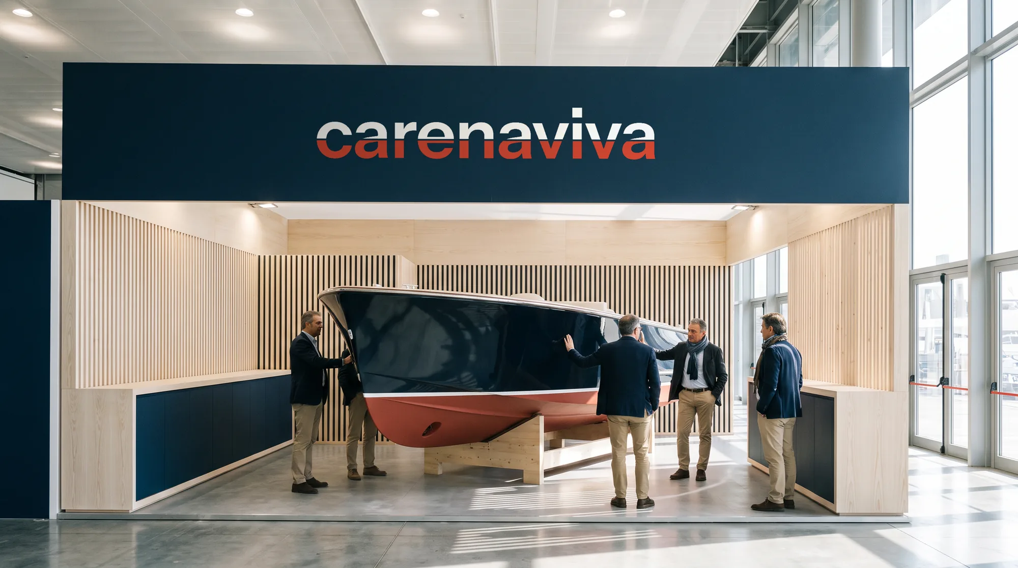 Lo stand carenaviva al Salone Nautico di Genova con una carena rossa esposta